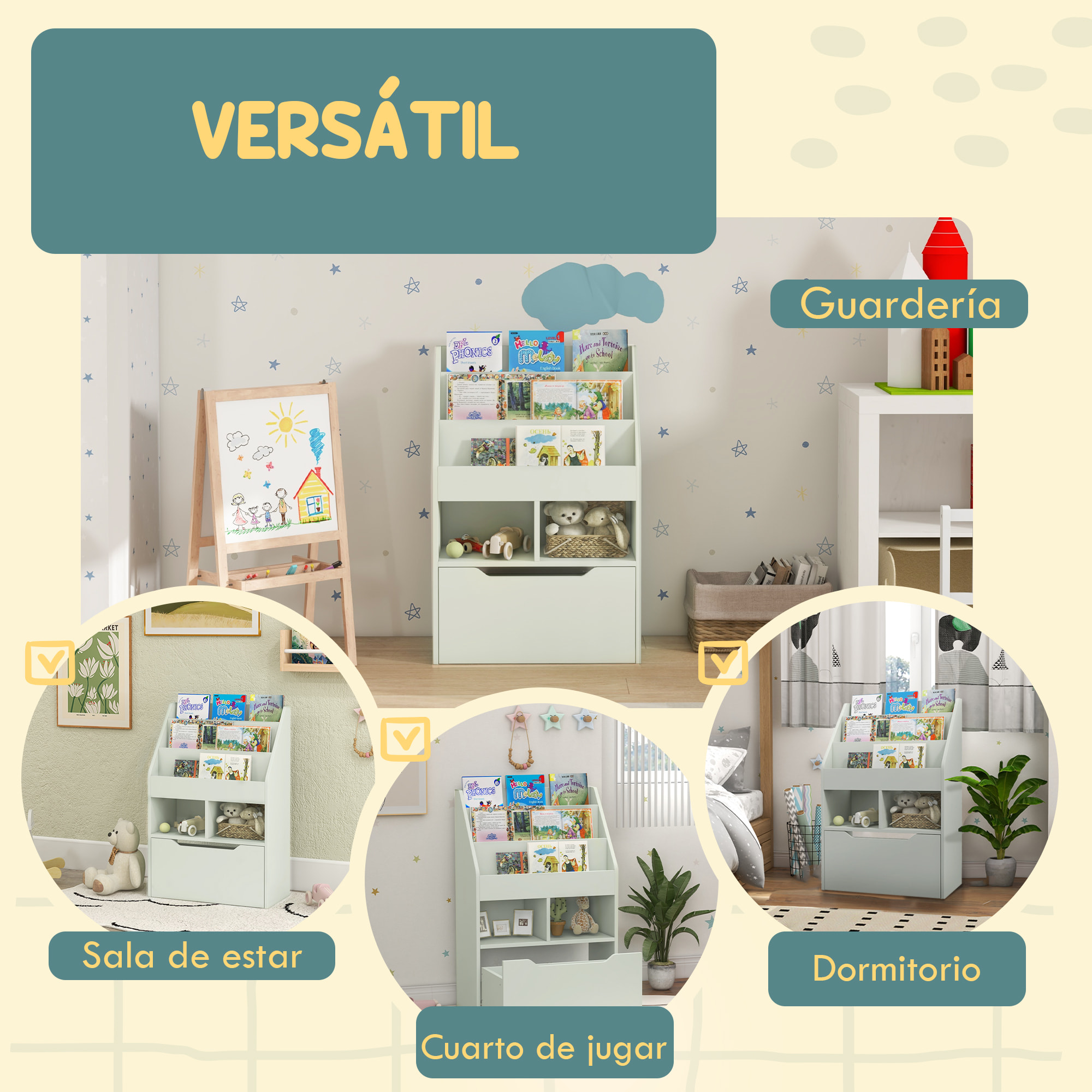 Estantería Infantil de Madera con 3 Compartimentos 2 Cubos y Cajón Móvil con 4 Ruedas Librería Infantil para Habitación de Niños Sala de Juegos 60x29,9x90 cm Verde