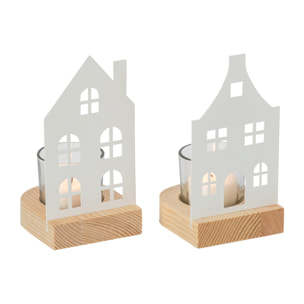 J-Line photophores maison - fer - blanc - small - assortiment de 2