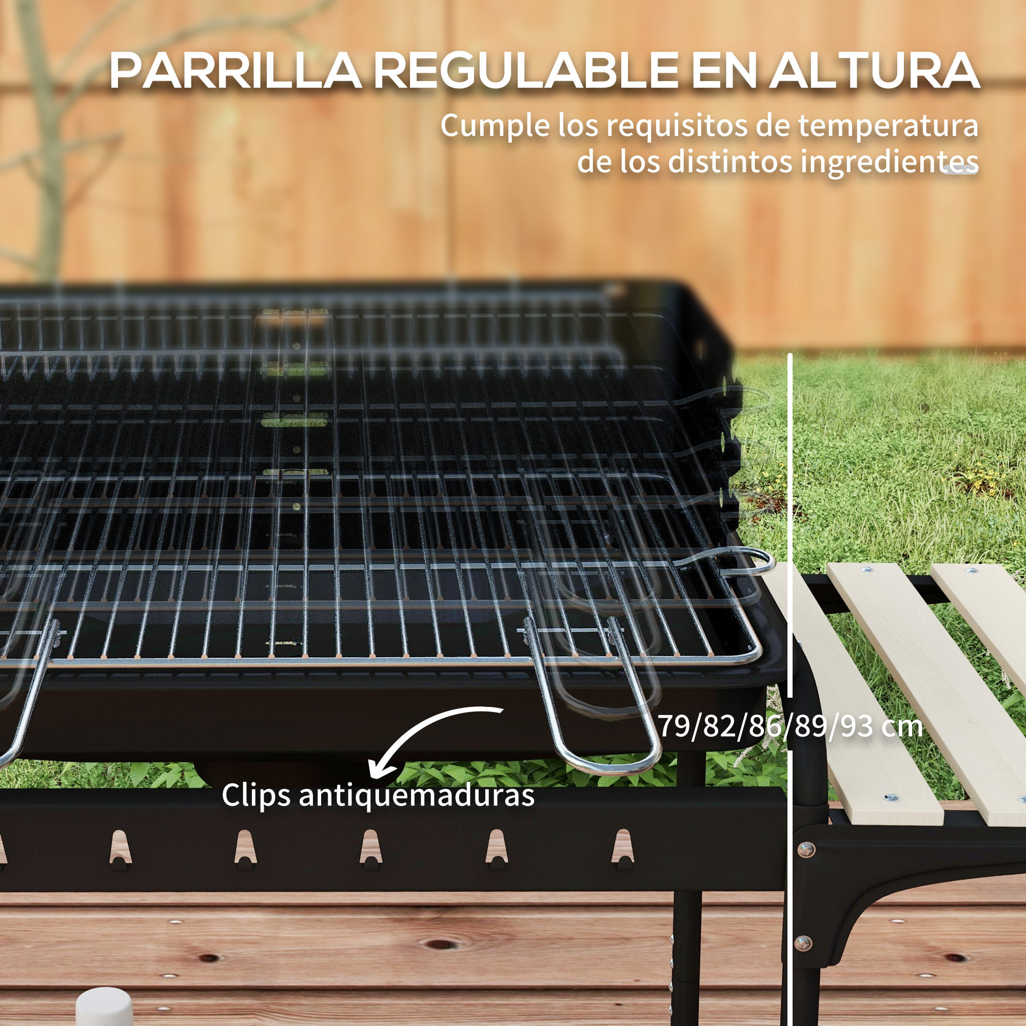 Barbacoa de Carbón con Ruedas Barbacoa Portátil 103x47x95 cm con Parrilla Ajustable en Altura de 5 Niveles Estantes y 6 Ganchos para Pícnic Camping Negro