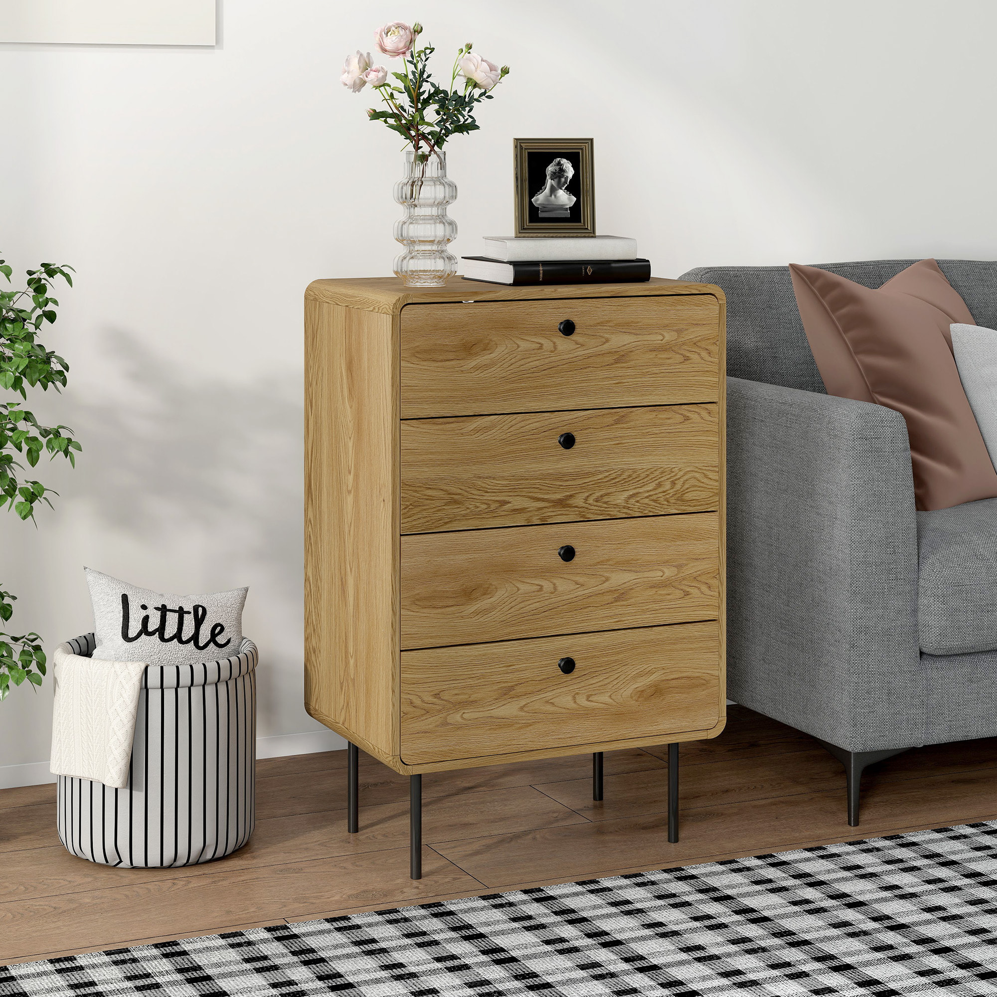 Commode 4 tiroirs style vintage effet bois coins biseautés piètement métal poignées bouton noir