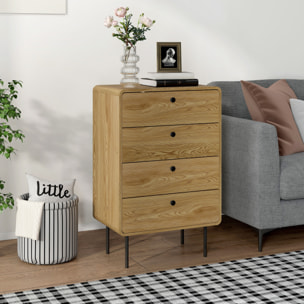 Commode 4 tiroirs style vintage effet bois coins biseautés piètement métal poignées bouton noir