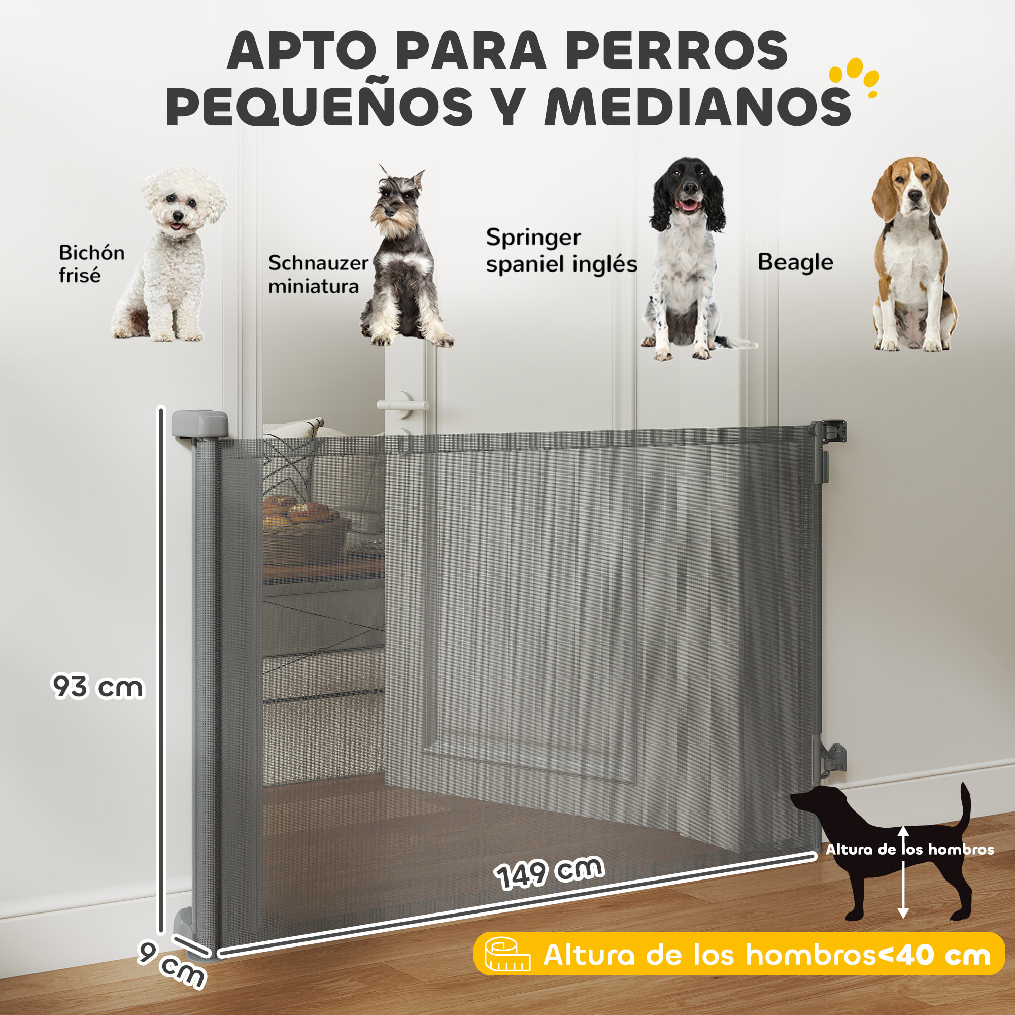 Barrera de Seguridad para Perros Retráctil, Extensible hasta 140 cm de Ancho y 93 cm de Alto, para Escaleras y Puertas, Valla para Perros Pequeños y Medianos, Uso con Una Sola Mano, Gris