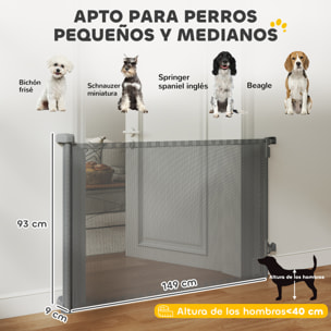 Barrera de Seguridad para Perros Retráctil, Extensible hasta 140 cm de Ancho y 93 cm de Alto, para Escaleras y Puertas, Valla para Perros Pequeños y Medianos, Uso con Una Sola Mano, Gris