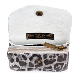 Alpignano monedero mujer. Piel auténtica Gamuza, diseño animal print leopardo, lacada brillante.