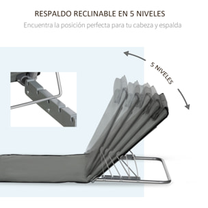 Set de 2 Esterillas de Playa Plegables 124x53x35-45 cm con Respaldo Ajustable 5 Niveles y Reposacabezas Esteras de Playa Portátil Tela Oxford Acero con Bolsa Transporte para Jardín Gris
