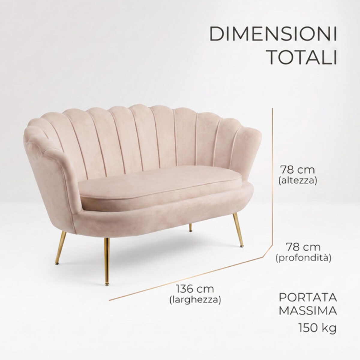 Divano 2 Posti in Velluto con Schienale a Ventaglio, Seduta Imbottita dallo Stile Elegante per Soggiorno, Studio e Camera da Letto