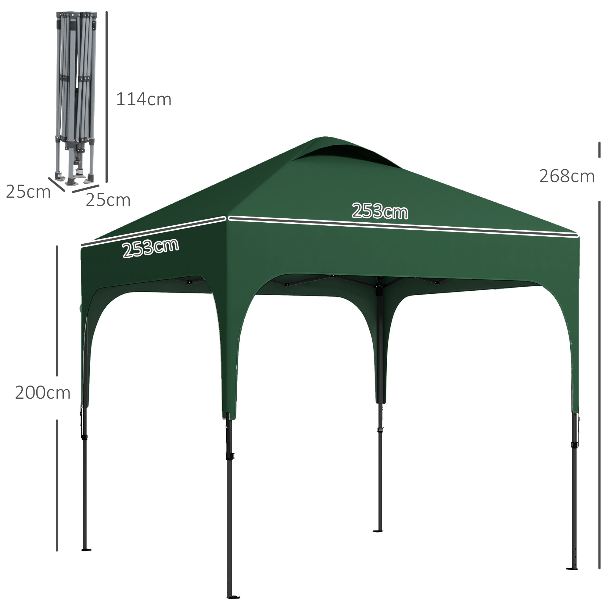 Outsunny Cenador Plegable 2,5x2,5x2,68 m Carpa de Jardín Protección UV 50+ Ajustable en Altura con 4 Bolsas de Arena y Bolsa de Transporte para Camping Fiestas Patio Verde Oscuro