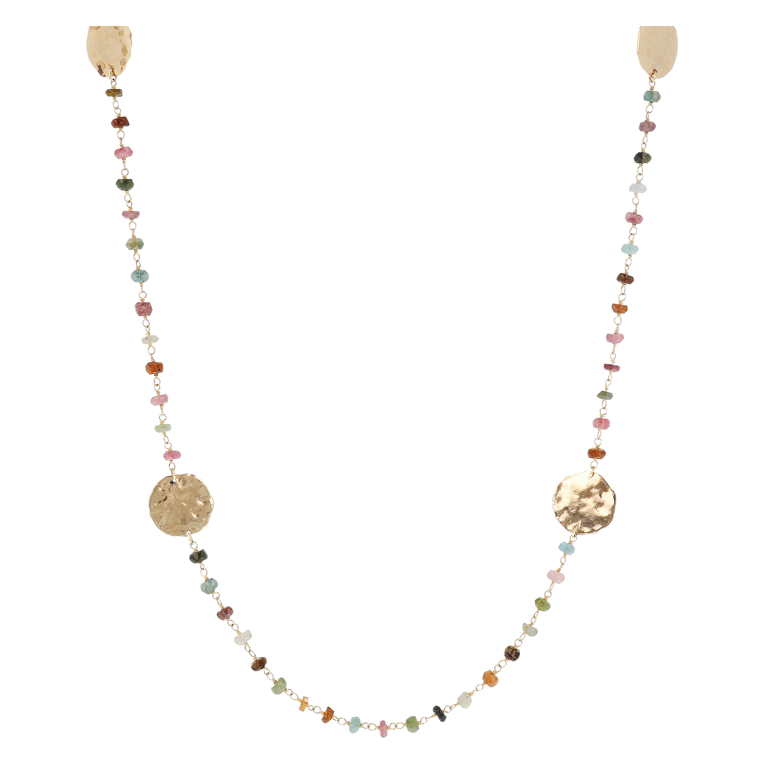 Collana Rosario con Pietra Naturale Tormalina Multicolore e Dischi Martellati