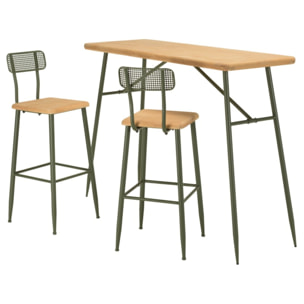 HELENA - Ensemble 1 bar + 2 tabourets en bois de pin et métal vert