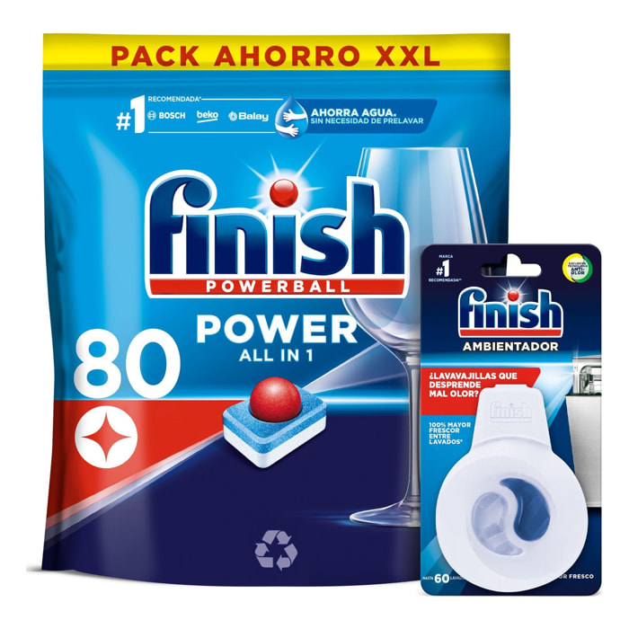 PACK FINISH LAVAVAJILLAS ALL IN ONE 80 PASTILLAS + AMBIENTADOR ODOR STOP