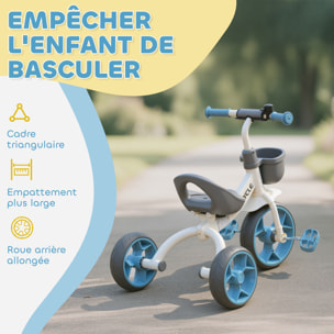Tricycle enfant multi-équipé garde-boue avant sonnette pédales antidérapantes selle avec dossier bleu blanc gris