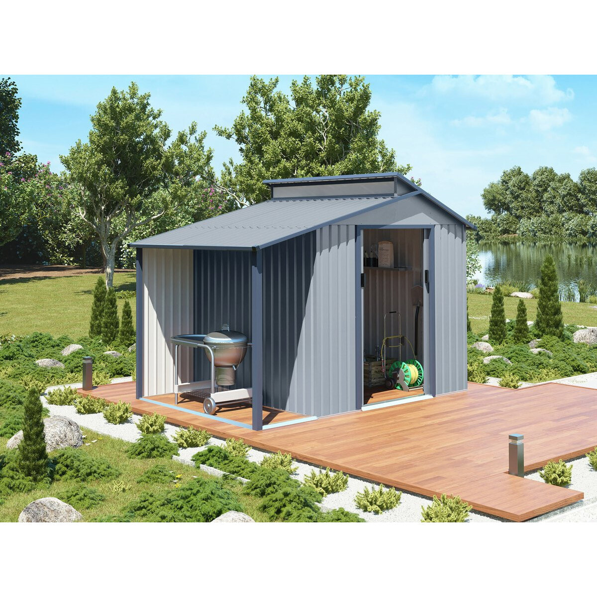 Abri de jardin métal avec pergola "Madras" - 9.12 m² - 257 x 355 x 237 cm - Gris