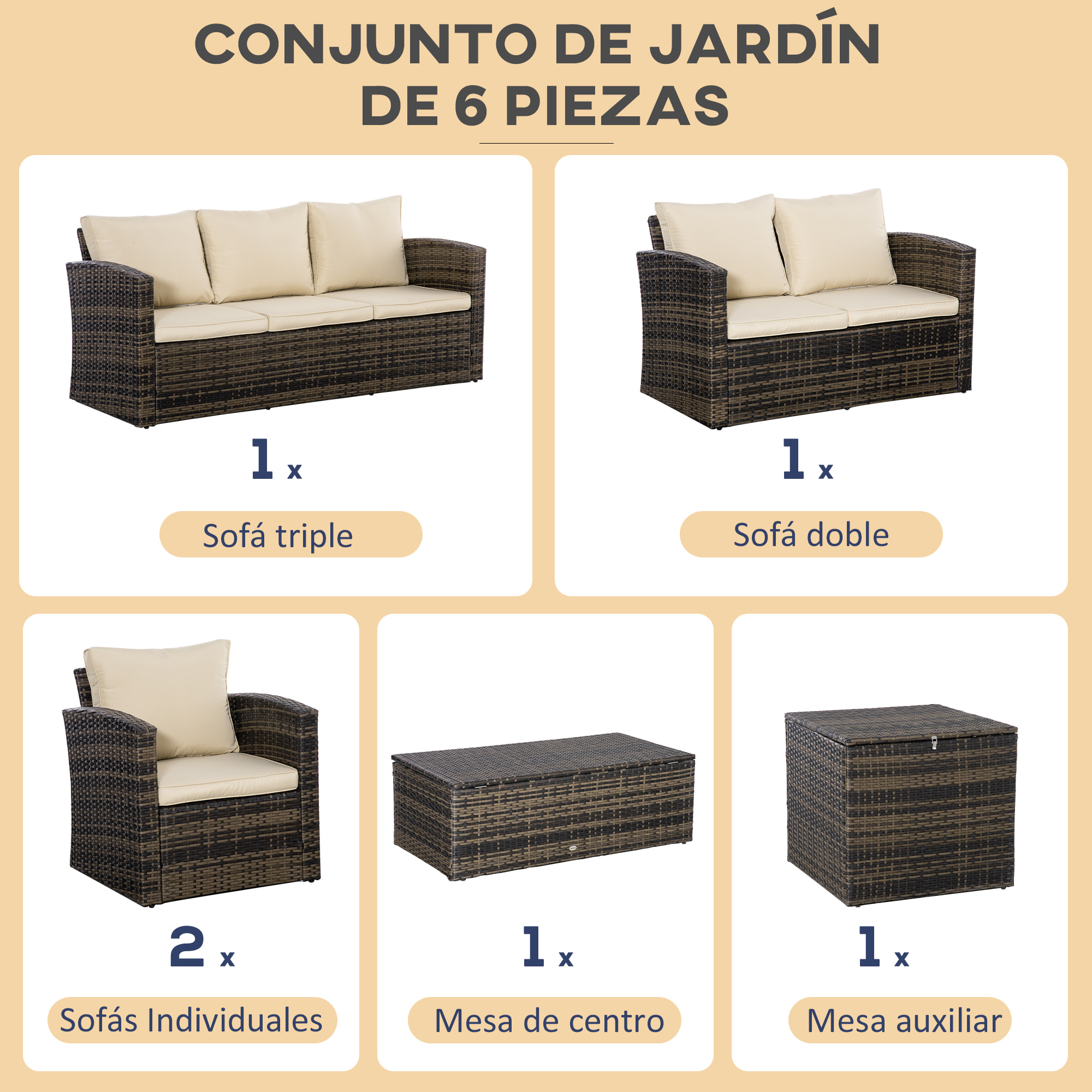 Conjunto de Jardín Exterior de Ratán, Conjunto Terraza, Muebles Jardín Exterior 6 Piezas Incluye Cojines, Sofá Doble, Sofá 3 Plazas, 2 Sillones, 2 Mesas Auxiliares con Almacenamiento, Caqui