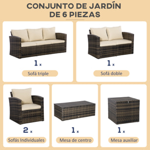 Conjunto de Jardín Exterior de Ratán, Conjunto Terraza, Muebles Jardín Exterior 6 Piezas Incluye Cojines, Sofá Doble, Sofá 3 Plazas, 2 Sillones, 2 Mesas Auxiliares con Almacenamiento, Caqui
