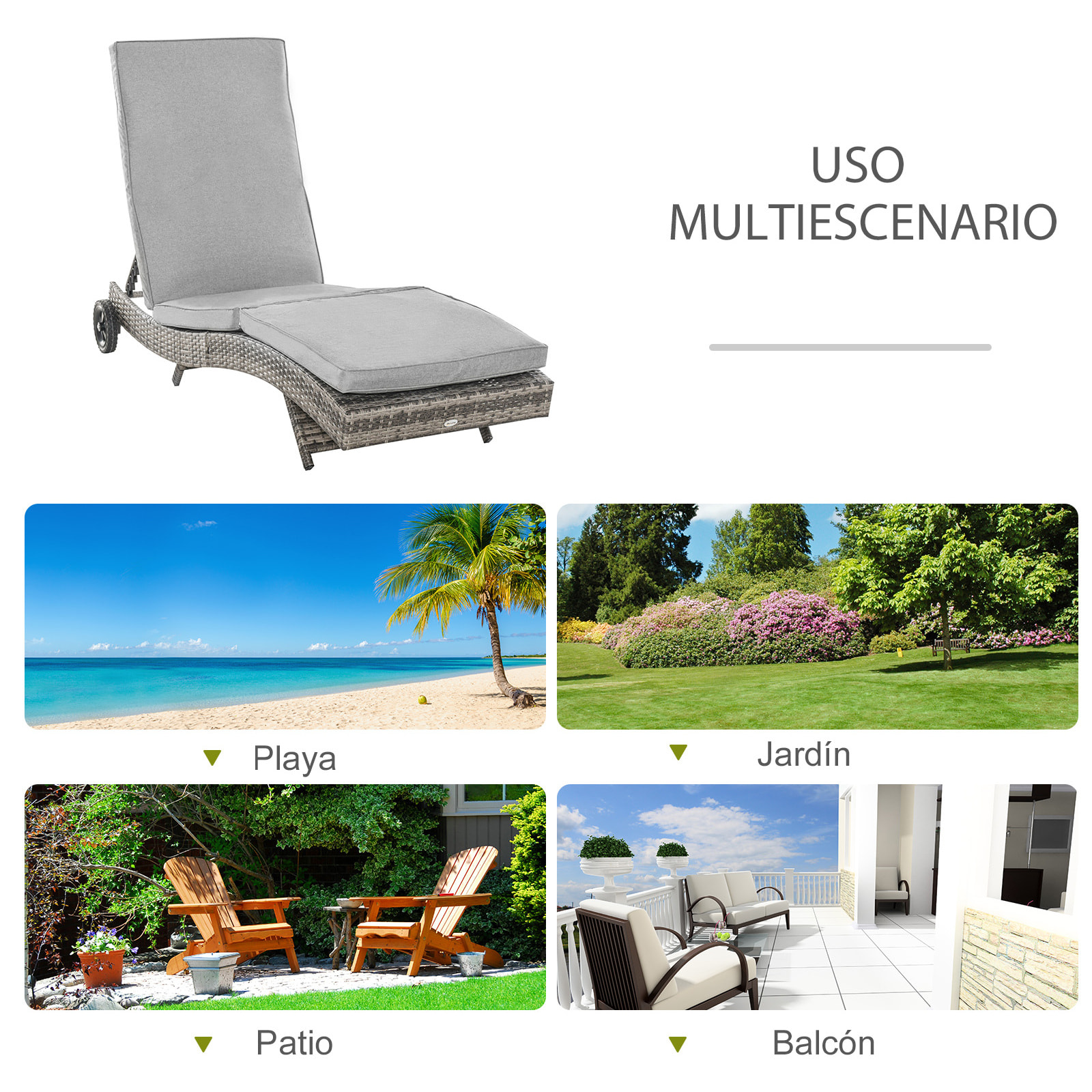 Tumbona de Ratán Reclinable Tumbona de Jardín en Forma de S con 2 Ruedas Respaldo Ajustable en 5 Posiciones y Cojín Extraíble para Patio Terraza 207x70x70 cm Gris