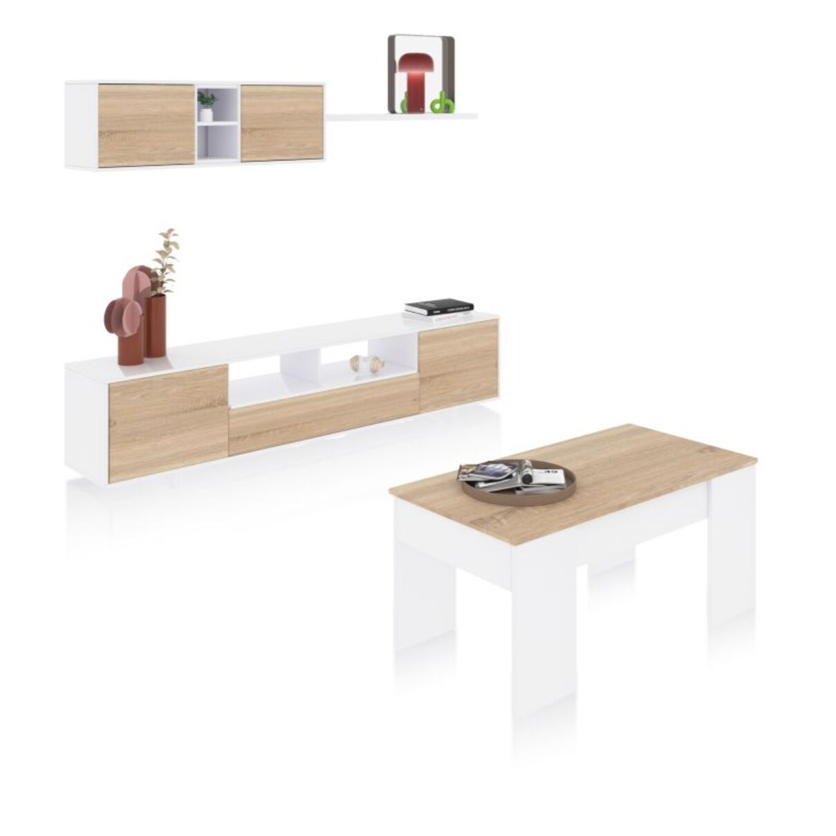 Pack salón con mesa de centro Kenzo Plus V2 Blanco Brillo - Roble Canadian