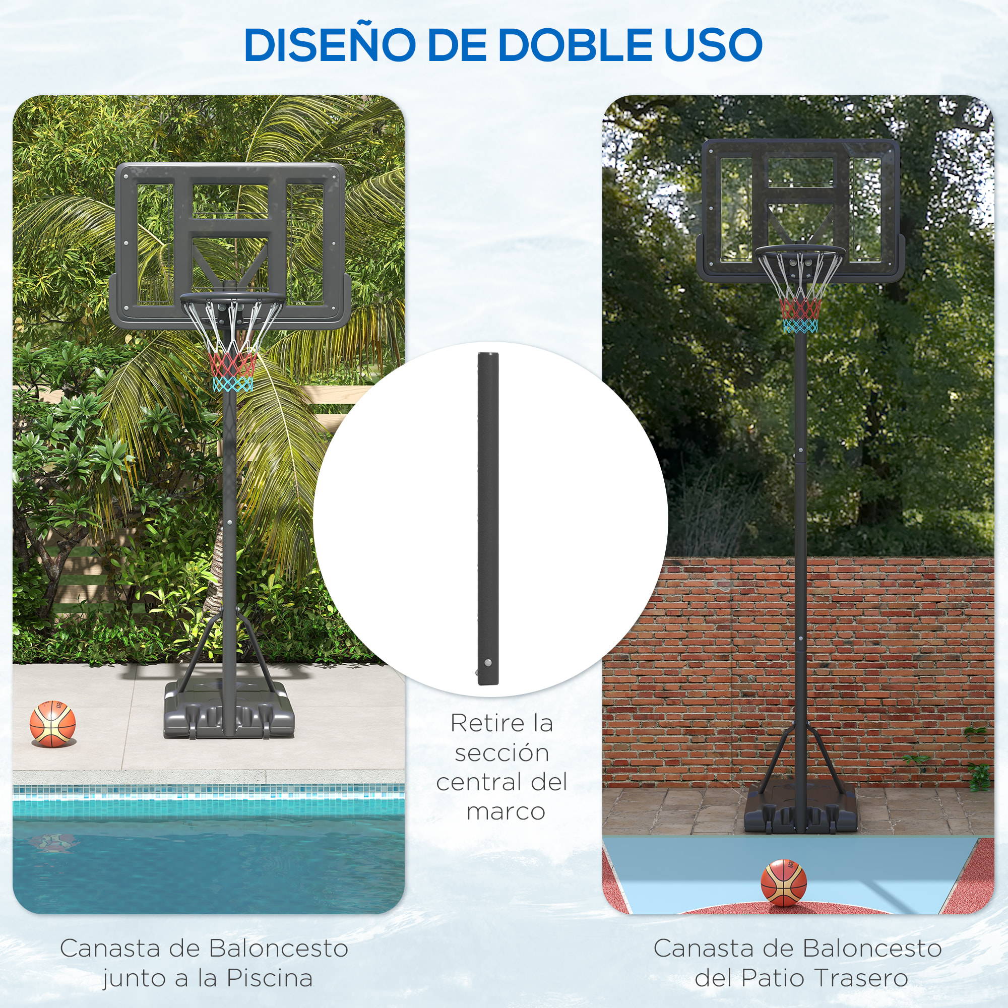 Canasta de Baloncesto de Exterior 2 en 1 con Altura Ajustable 230-305 cm Aro de Baloncesto para Piscina con Soporte Canasta de Baloncesto con Ruedas Base Rellenable Negro