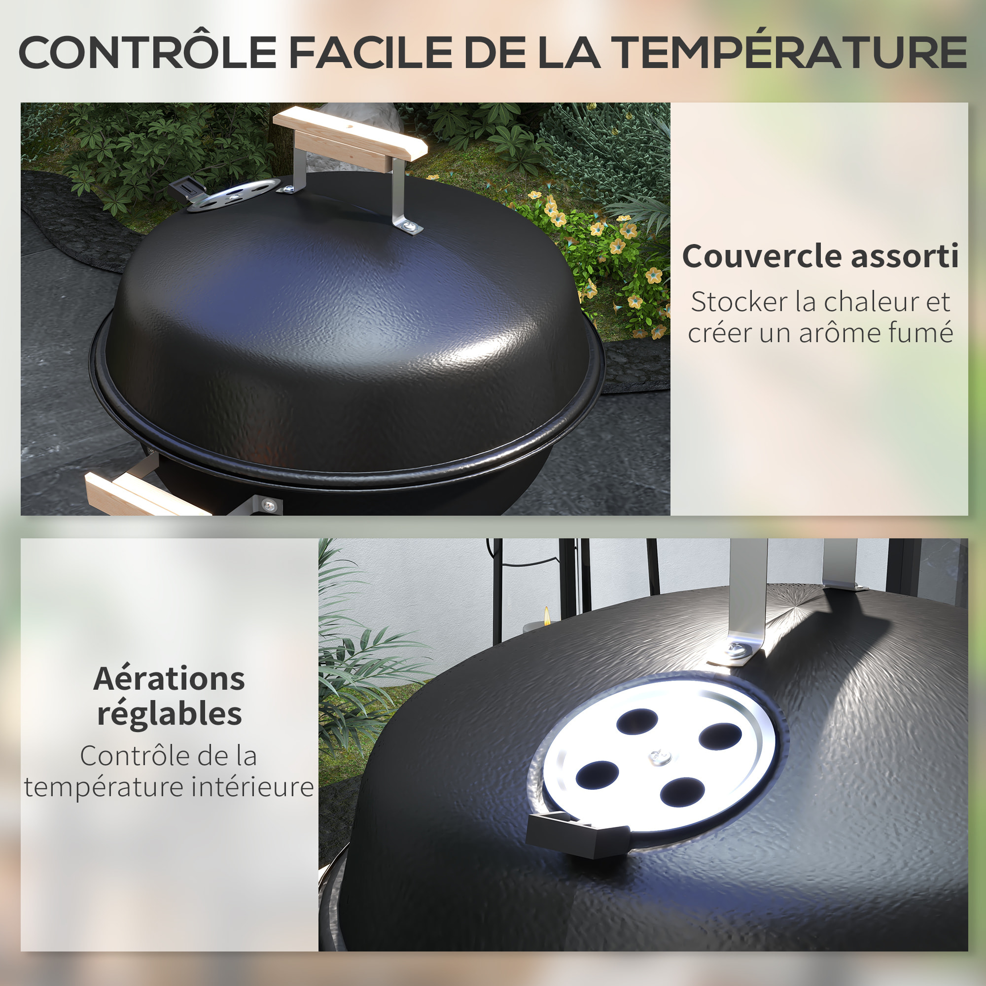 Barbecue à charbon dia. 46 cm couvercle étagère ouïes aération récupérateur cendres noir