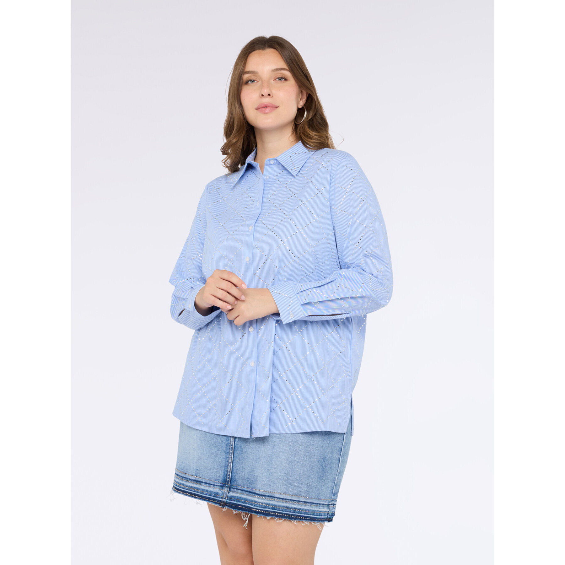 Fiorella Rubino - Camicia in cotone con ricamo a rombi - Azzurro