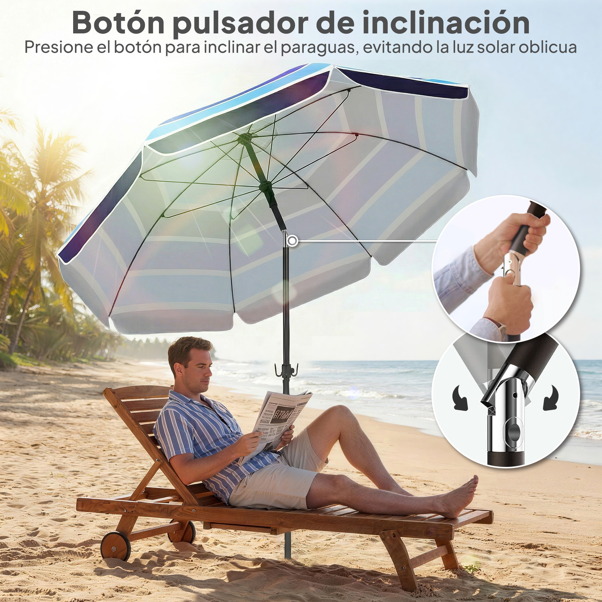 Sombrilla de Playa con Mesa Plegable y Portavasos Ø198 cm, Sombrilla de Terraza Exterior con Altura Ajustable, Inclinación, Bolsa de Transporte y Gancho, UV30+, Multicolor
