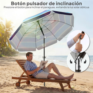 Sombrilla de Playa con Mesa Plegable y Portavasos Ø198 cm, Sombrilla de Terraza Exterior con Altura Ajustable, Inclinación, Bolsa de Transporte y Gancho, UV30+, Multicolor