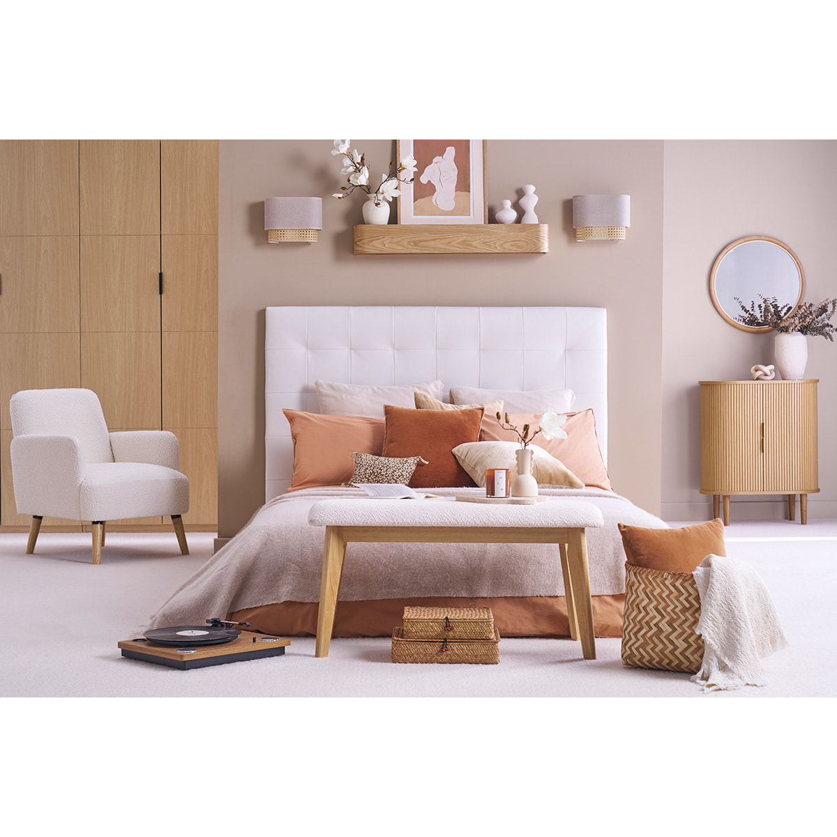 Banc scandinave en tissu effet laine bouclée blanc et bois clair L92 cm ELION