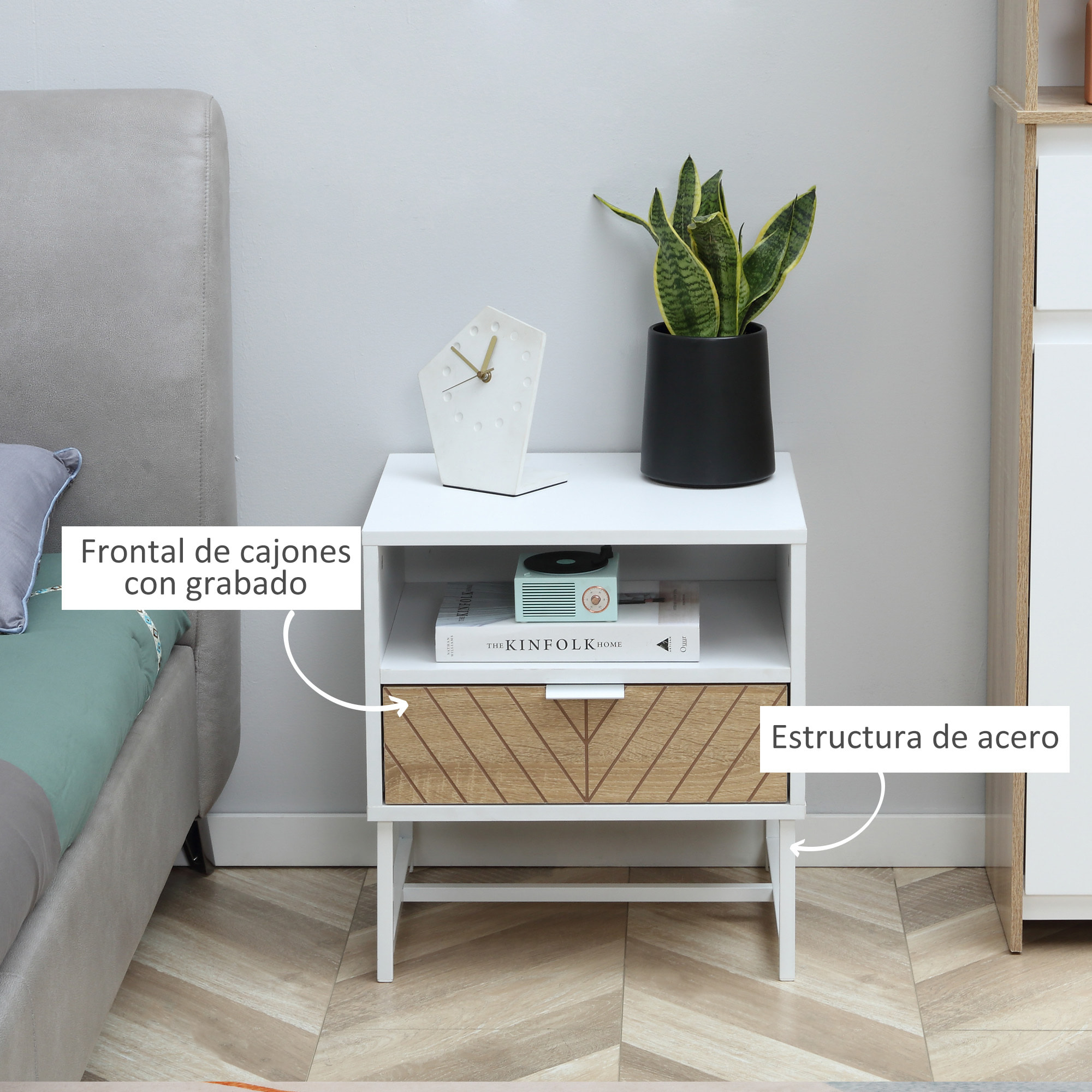 Mesita de Noche Moderna Mesilla de Noche con Cajón y Compartimiento Mesa de Noche para Dormitorio Salón 45x39x48 cm Blanco y Roble