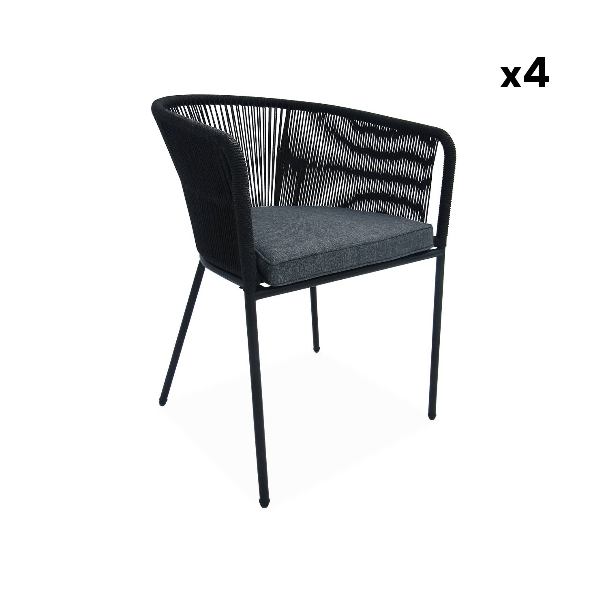 Table intérieur/extérieur bois d'acacia + 4 assises en corde noir et acier