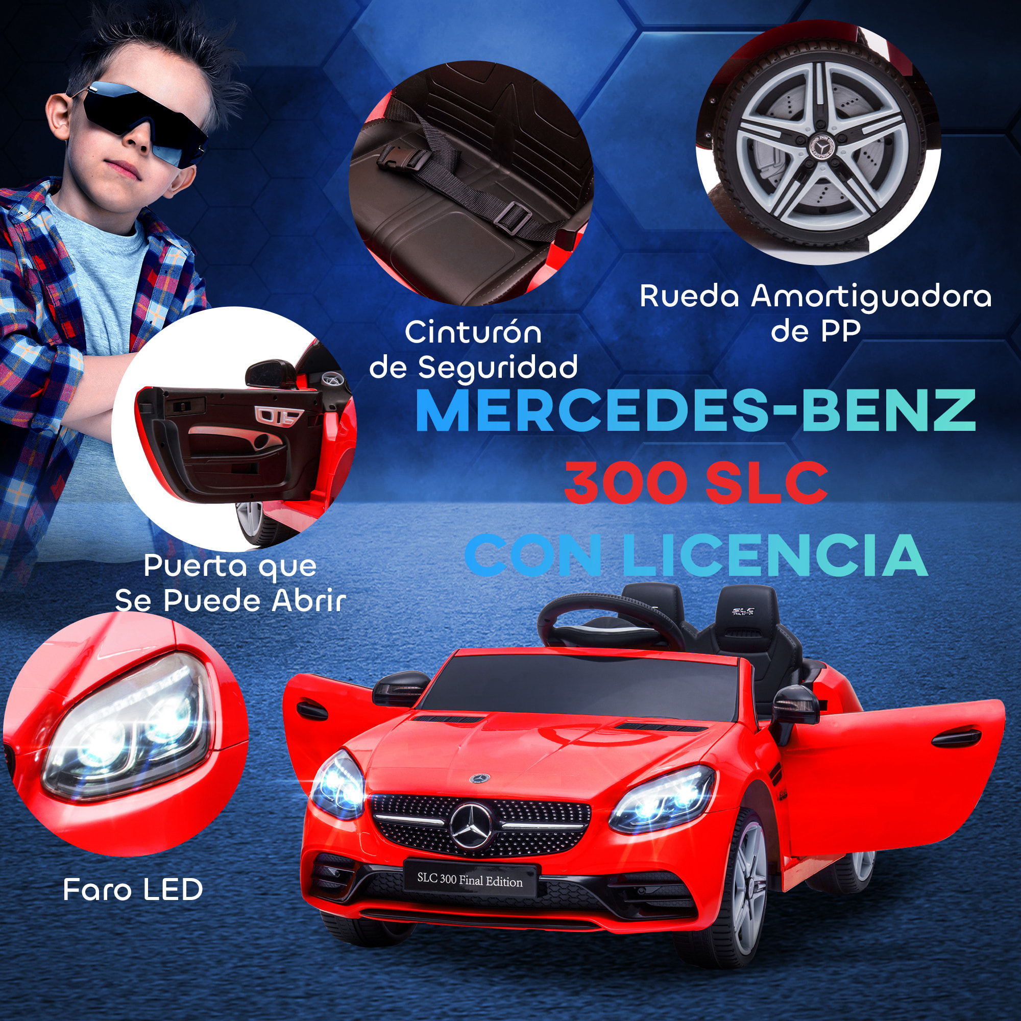 Coche Eléctrico para Niños de +3 Años, Mercedes SLC 300, Coche Eléctrico 12V, con Mando a Distancia 2,4 G, Ruedas Traseras con Suspensión, Faros LED, Música, USB, Motor Doble, Rojo