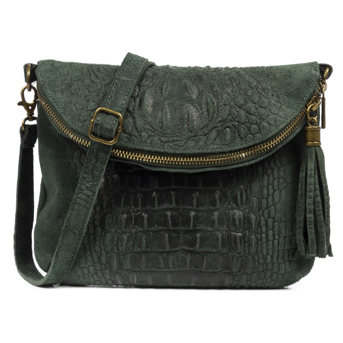 FIRENZE ARTEGIANI Capoliveri Borsa a Spalla da Donna. Vera Pelle Scamosciata Incisione Coccodrillo Made in Italy 23x3x19 Cm. Colore: verde scuro