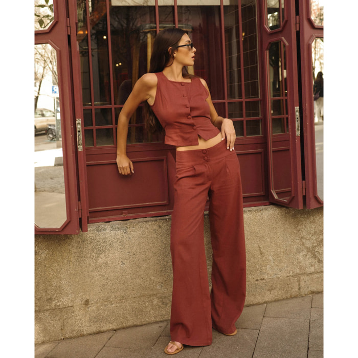 Pantalón largo recto con pinzas y tiro bajo de mujer
