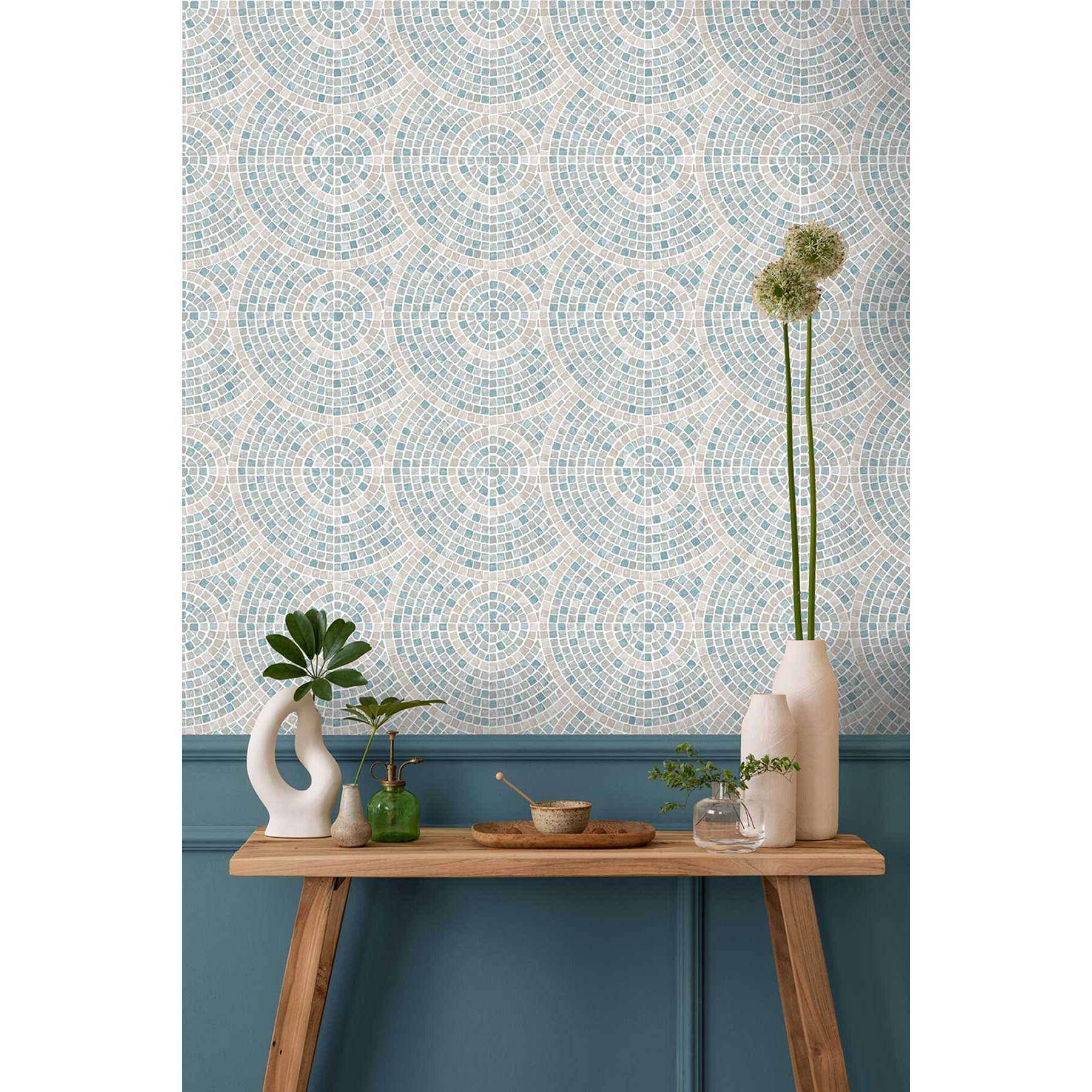 Papier peint mosaïque bleu et beige