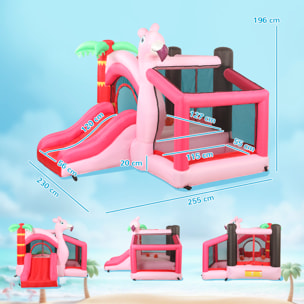 Castillo Hinchable para Niños con Soplador, Castillo Hinchable con Tobogán, Cama Elástica, Piscina de Pelotas, Canasta de Baloncesto, Diseño de Flamenco, Interior y Exterior, 255x230x196 cm