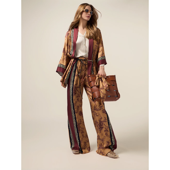 Oltre - Pantalones palazzo de satén estampado - Naranja sol