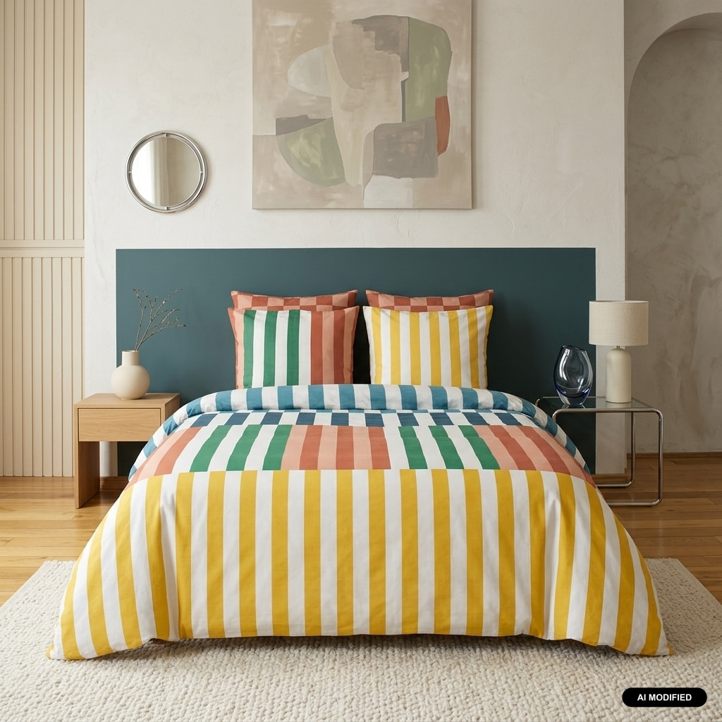 Parure de lit coton motifs rayures multicolore 2 places AURA