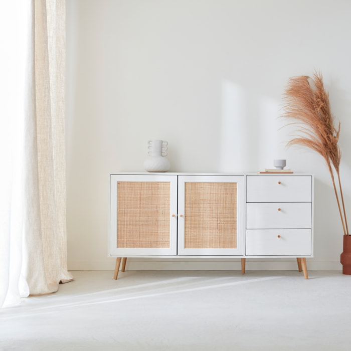 Buffet de rangement blanc en cannage 2 portes 3 tiroirs. buffet bas. L150 x l39 x H79cm - Bohème