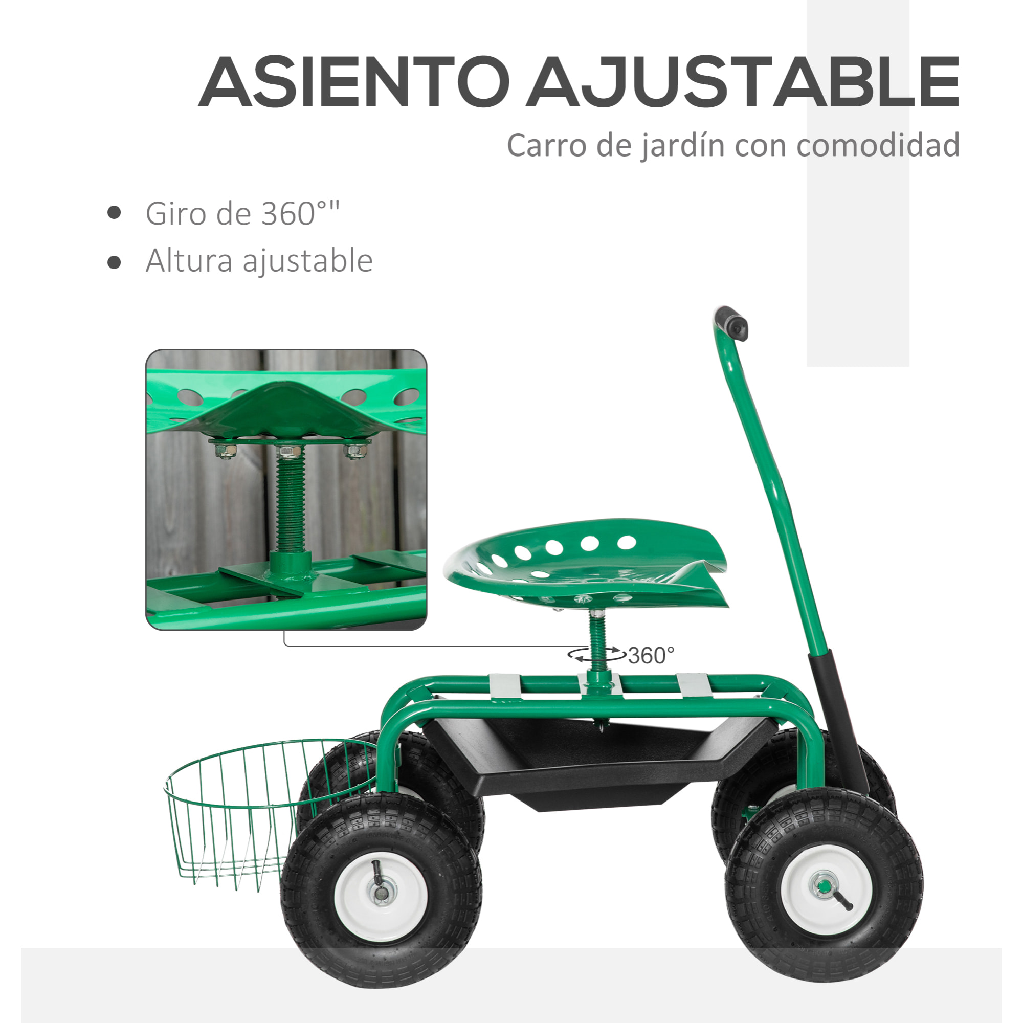 Asiento de Jardín con Ruedas, Taburete de Jardinería con Asiento Giratorio y Ajustable en Altura, Ruedas Neumáticas, Bandeja de Herramientas y Cesta, Carga 150 kg para Patio, Exterior, Verde