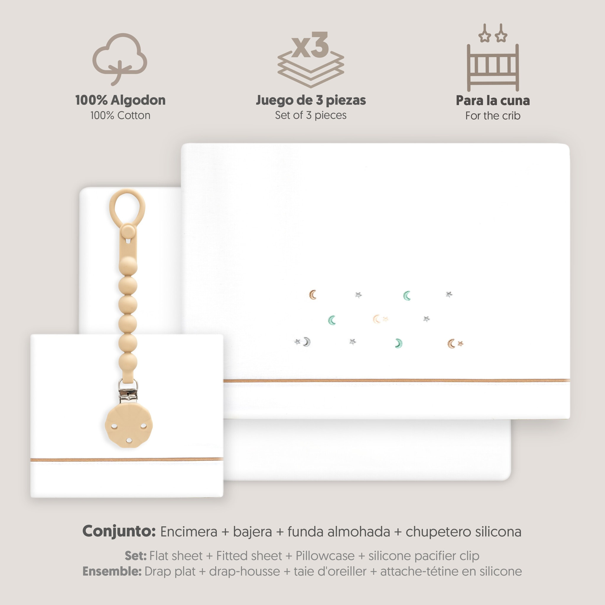 Triptico Cuna Estrella Luna Multicolor + Broche Bco/Beig