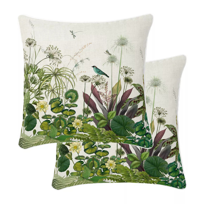 Lot h.couette +taies percale de coton imprimé beige vert Nenuphars parchemin