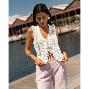 Chaleco de mujer de algodón bordado con cierre de lazadas