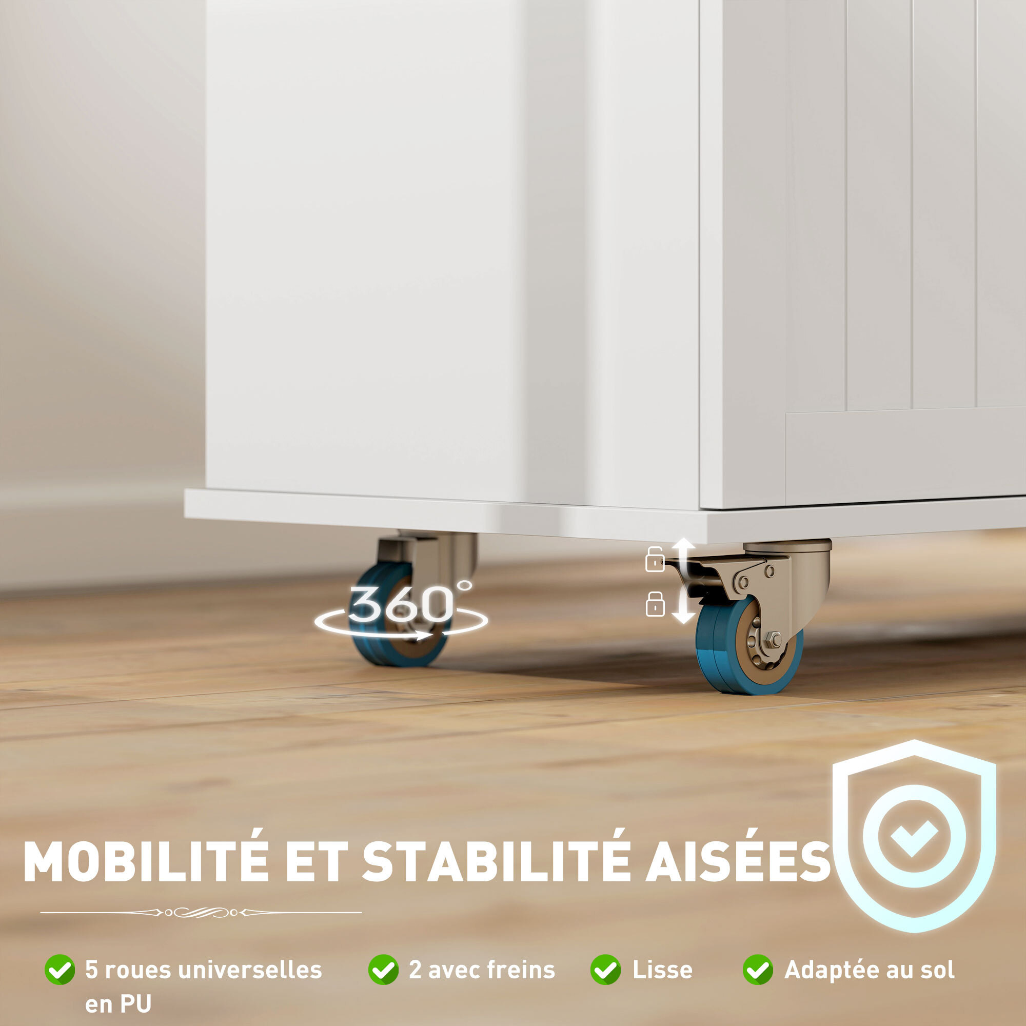 Desserte îlot central de cuisine  multi-rangement - prises secteur, ports USB - blanc effet bois clair