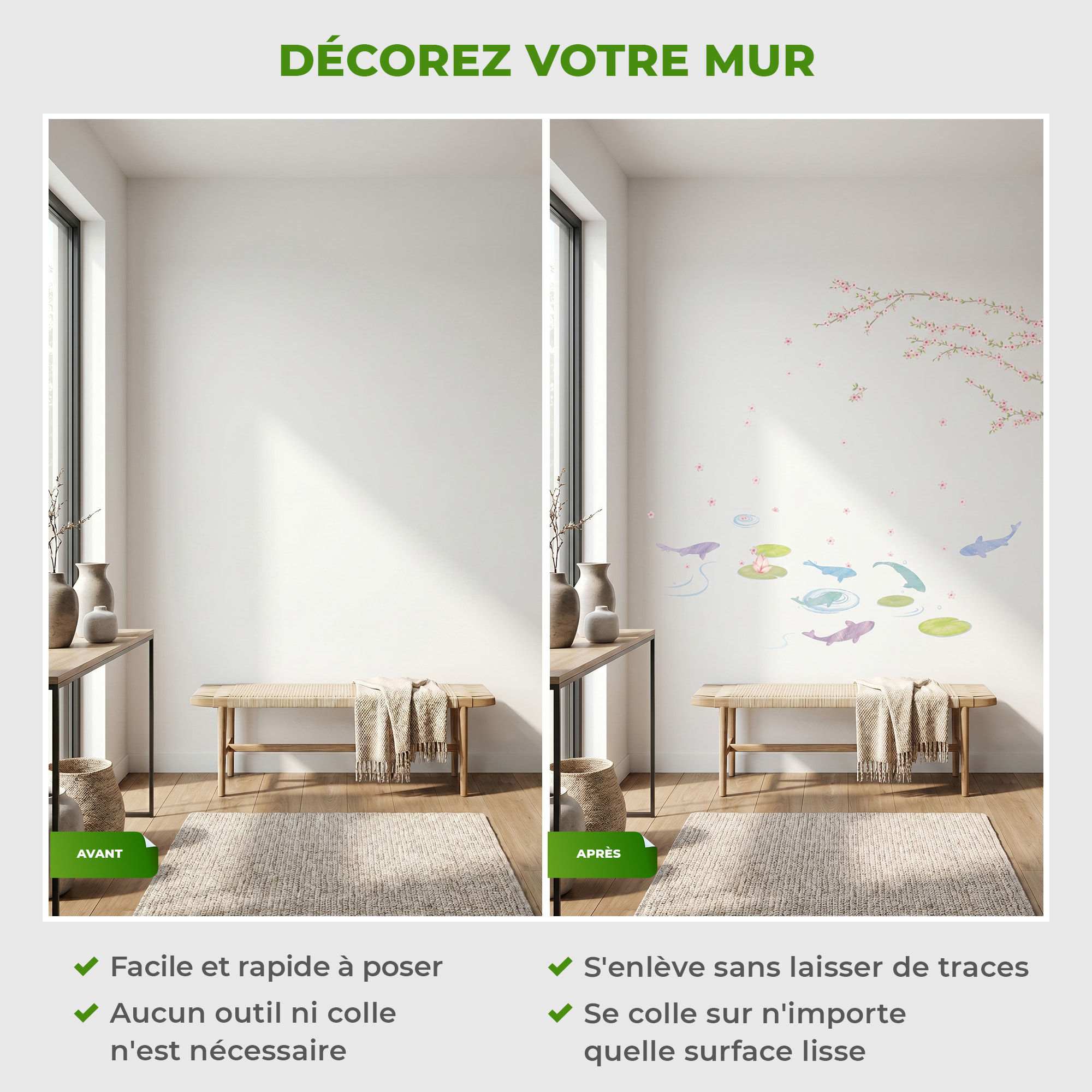 Stickers Muraux décoration adhésifs fleurs, nénuphares et poissons