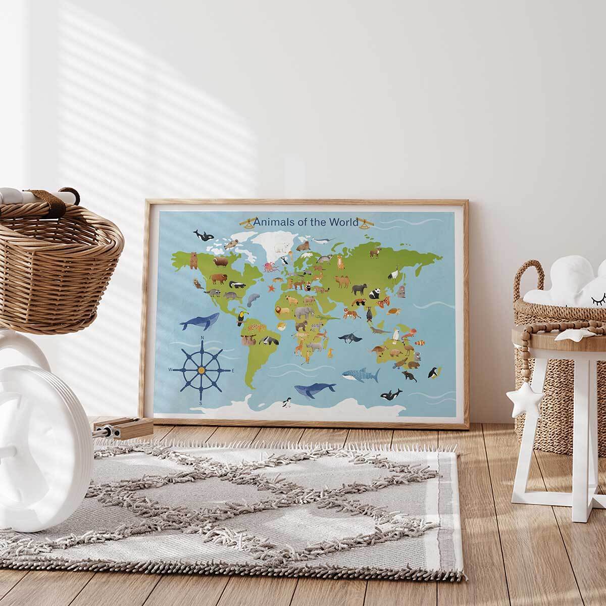 Affiche enfant animaux du monde  Affiche + cadre en bois - Chêne