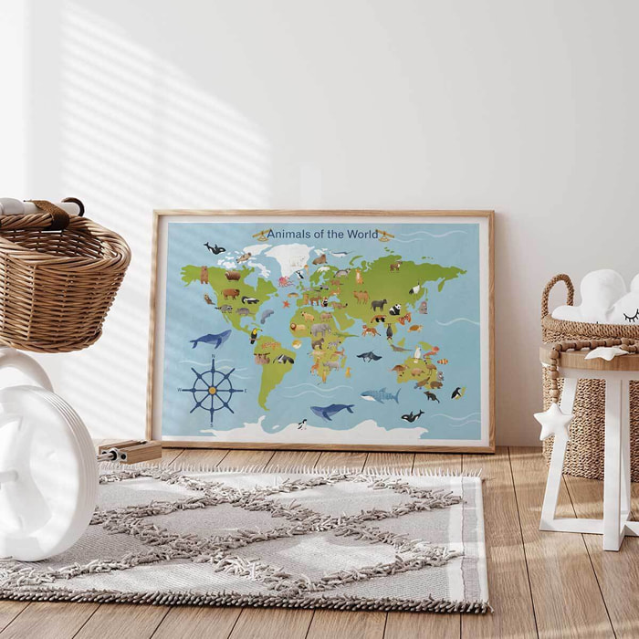 Affiche enfant animaux du monde  Affiche + cadre en bois - Chêne