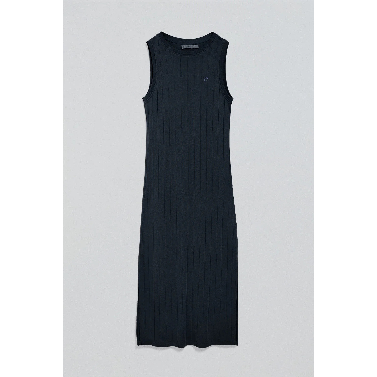 Vestito lungo blu marino a coste con monogramma ricamato