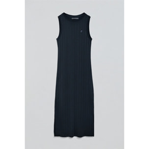 Vestito lungo blu marino a coste con monogramma ricamato