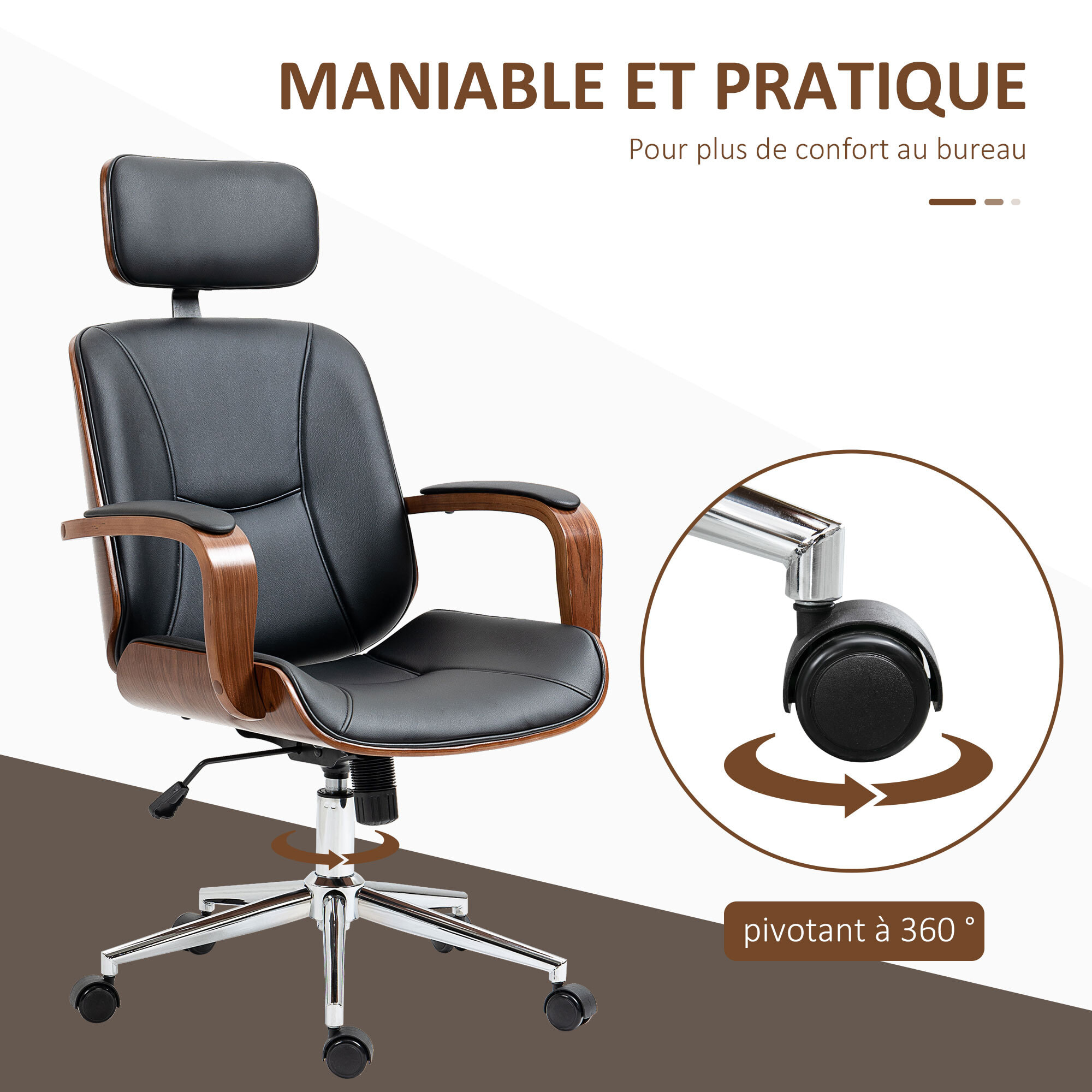 Chaise de bureau manager réglable design bois effet noyer synthétique noir