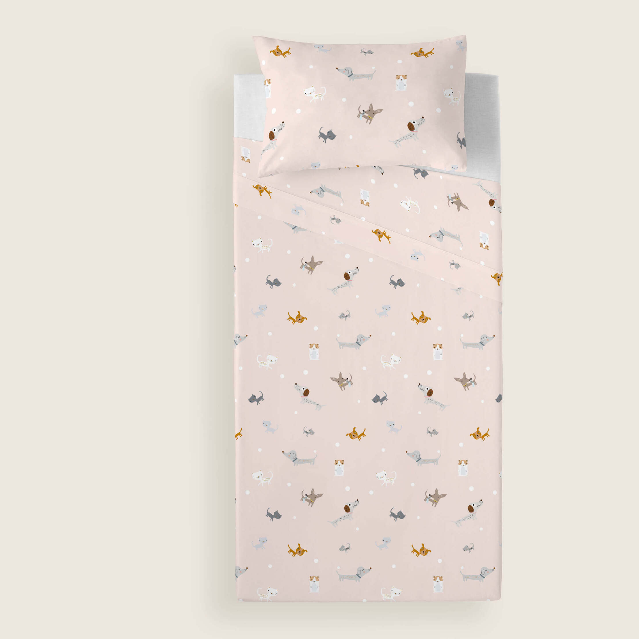 Juego de Sábanas Estampadas - Infantil - Incluye 1 Funda de Almohada - 100% Algodón - Amigos Peludos Reverso