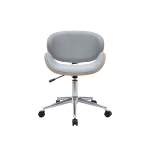 Chaise de bureau à roulettes design en tissu gris clair, bois clair et acier chromé WALNUT