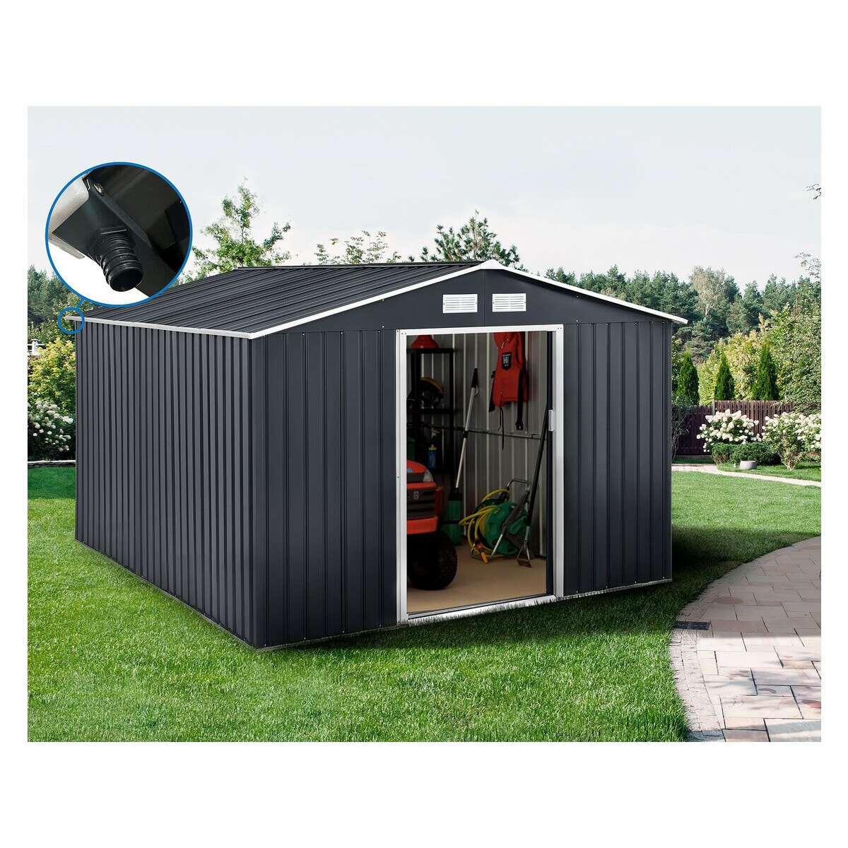 Abri de jardin métal - "Vegas" 12.98 m² avec gouttière - Gris
